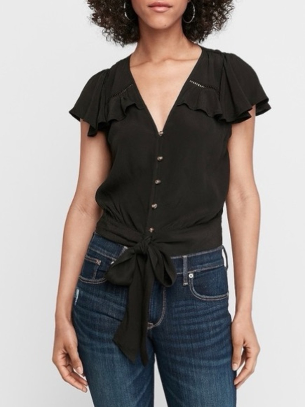 Express Black Tie-Front Button V-Neck Top